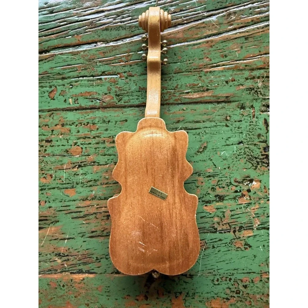 Vintage Violin Ornament Wood Leaf‎ Design Gold Tone Strings and Hanger Christmas